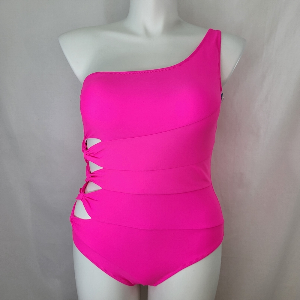 Live Life On The Beach Pink SWIMSUIT Womens Size XL One Piece One Shoulder NWT